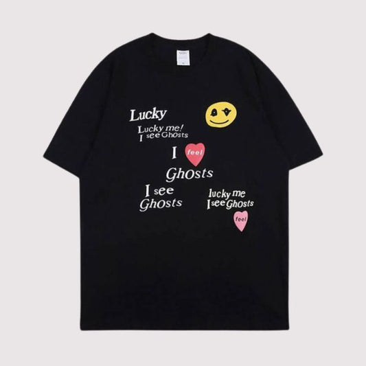 Kanye Lucky Me I See Ghosts Smiley Face T-Shirt Black